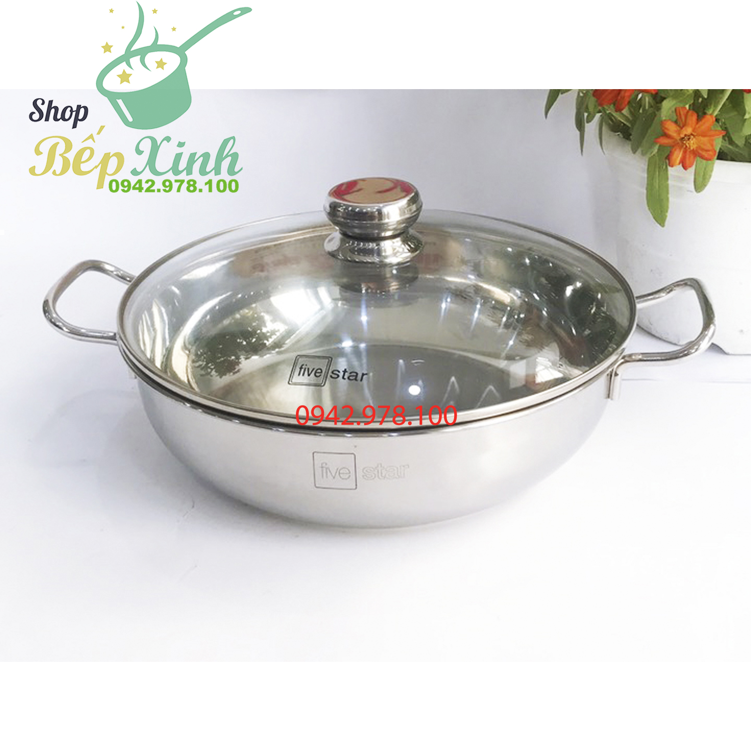 Nồi lẩu xửng hấp inox cao cấp Fivestar 3 đáy từ nắp kính ( tặng 2 vá canh ) - hàng chính hãng