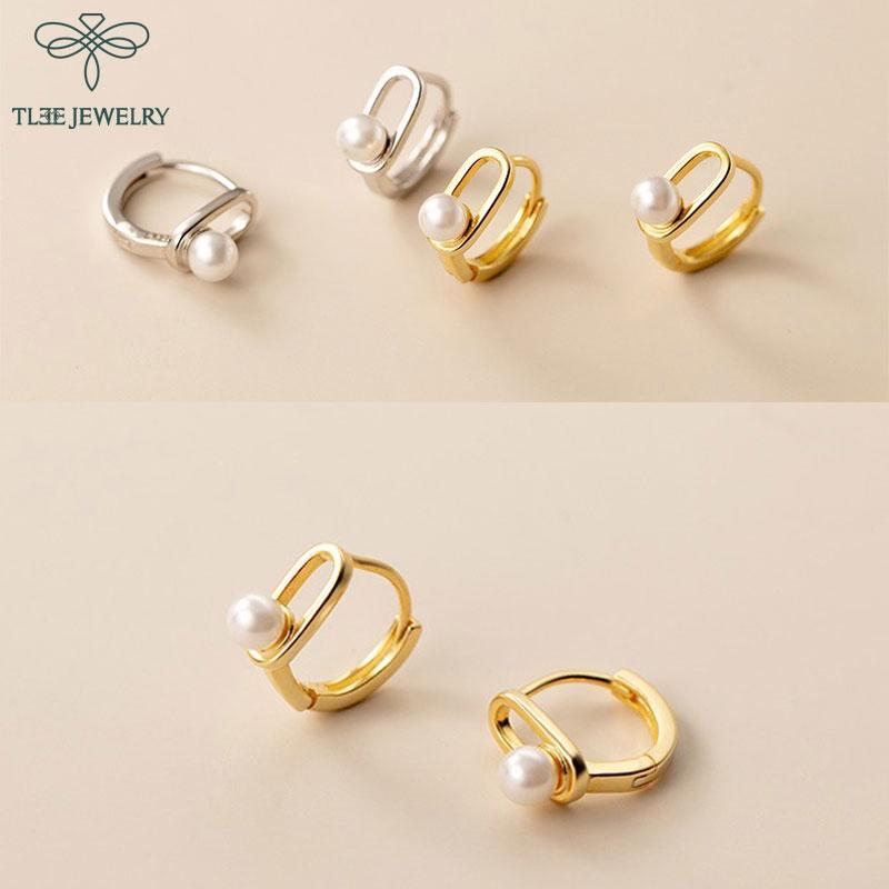 Bông tai bạc nữ TLEE mẫu tròn bấm gắn ngọc trai nhân tạo trendy TleeJewelry