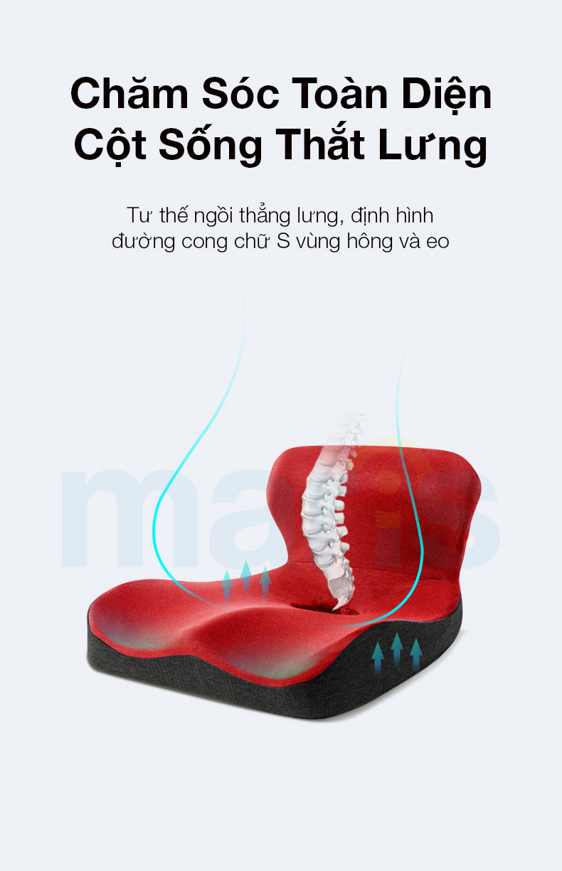 Đệm Gối Tựa Lưng &amp; Lót Ngồi Văn Phòng Maris MR-603 (Bản Cao Cấp), Chống Trĩ, Bảo Vệ Cột Sống