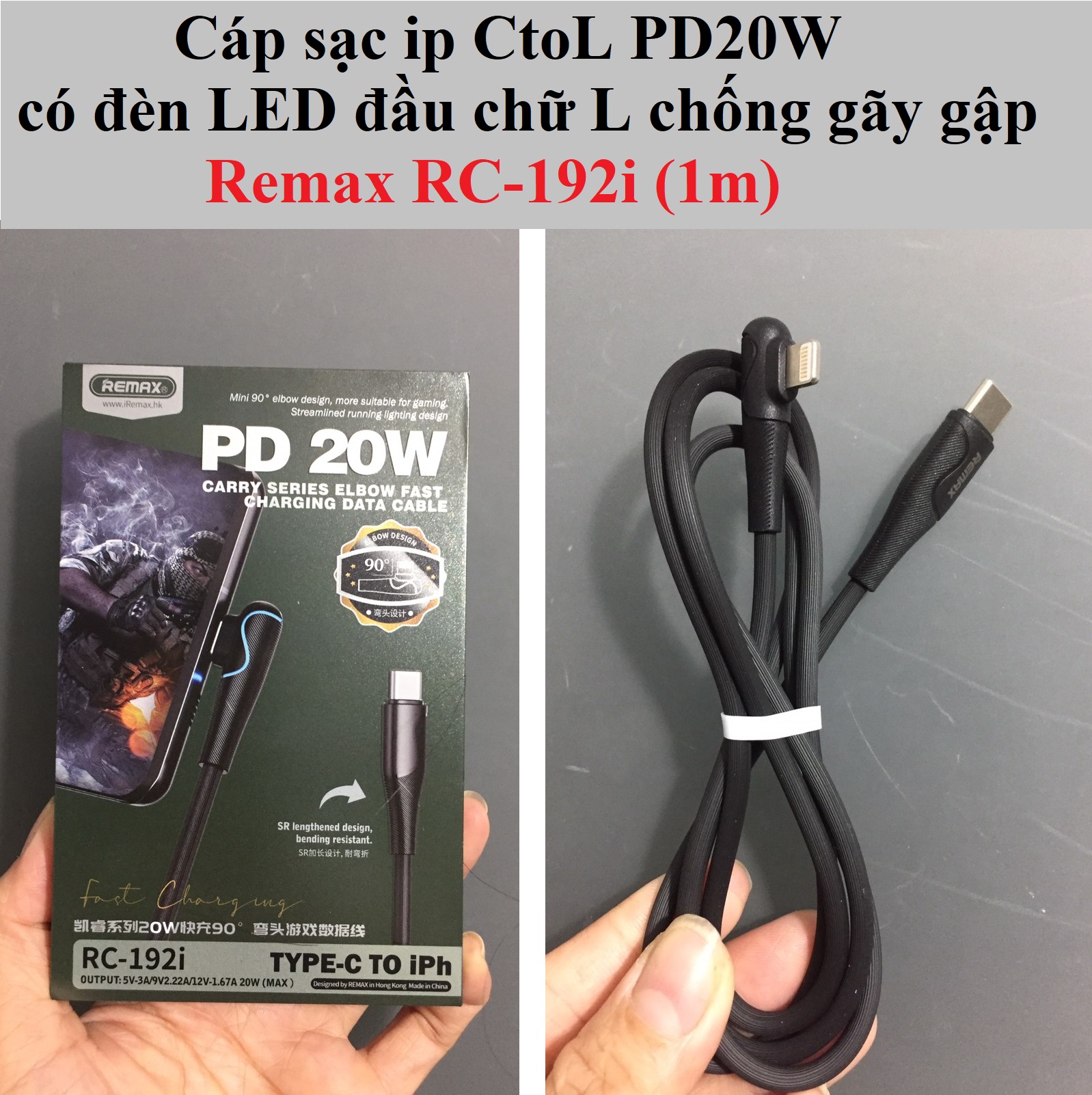 Cáp sạc ip CtoL PD20W có LED đầu chữ L chống gãy gập Remax RC192i (1m) _ hàng chính hãng