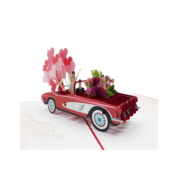Thiệp 3D Pop Up Xe Cưới Just Married Đỏ – Thiệp Chúc Mừng Đám Cưới, Thiệp Wedding Độc Đáo, W07