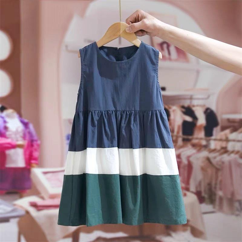 Váy bé gái đầm sát nách cho bé từ 2 đến 12 tuổi, size đại 55kg Váy Sát Nách Phối Màu