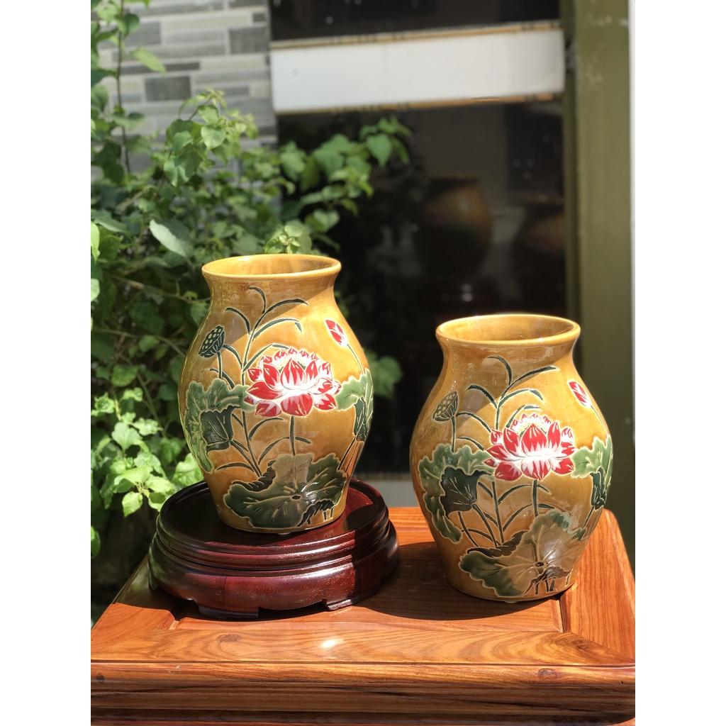 Bình Hoa Sen Ốm Da Lươn Gốm Sứ Nam Bộ,Trang Trí Decor,Cấm Hoa,Lọ Hoa,Gốm Thủ Công Vẽ Tay