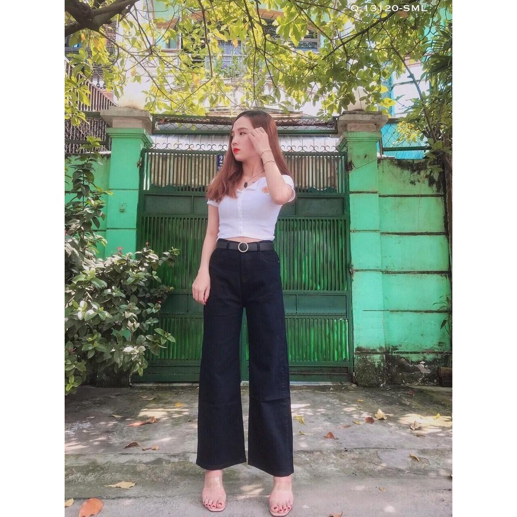 QUẦN JEAN DÀI ỐNG RỘNG LƯNG CAO TRƠN ĐEN BASIC - QUẦN BÒ NỮ CULOTTES SUÔNG N - T 40