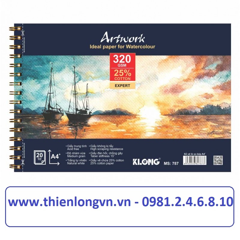 Sổ vẽ lò xo màu nước Artwork A4 320GSM - 25% cotton - 20 tờ; Klong 787 vàng