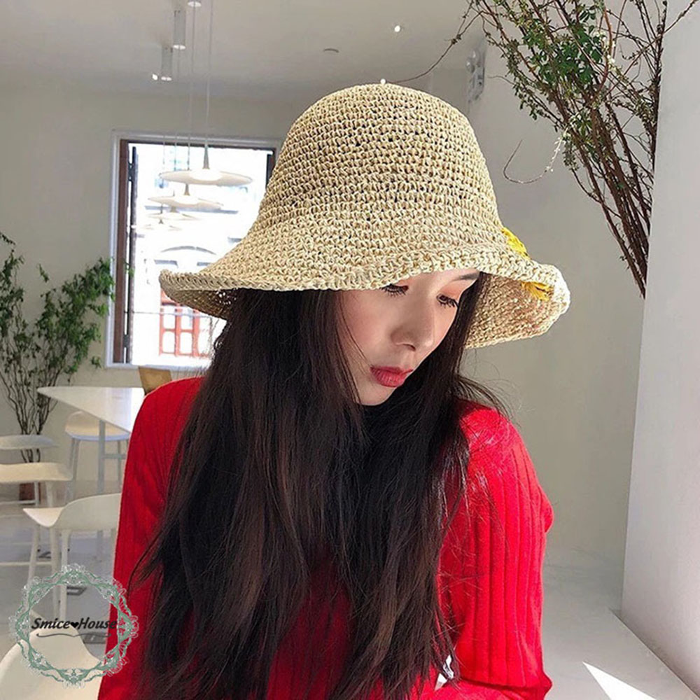 Nón cói mềm thêu hoa hướng dương đi biển đi du lịch/ mũ cói nữ vành rộng che nắng mùa hè có thể gấp gọn có dây điều chỉnh size - Smice House