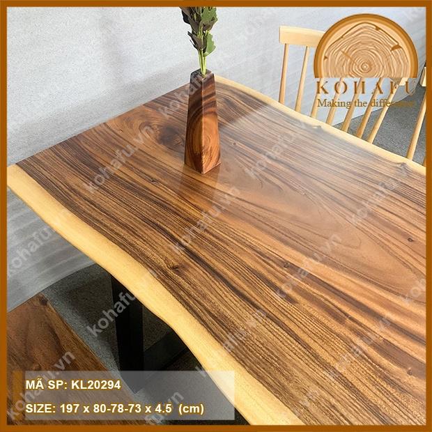 Mặt bàn gỗ me tây nguyên tấm, uốn lượn tự nhiên dài 197 x rộng (80-78-73) x dày 4.5 (cm) - KL20294
