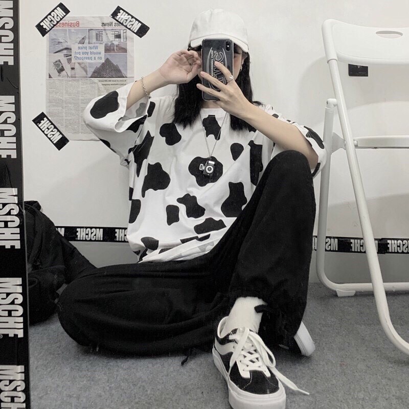 Áo Thun Tay Lỡ Tshirt Nữ Nam Unisex BÒ SỮA Chất Vải Thun Cotton Loang 3D