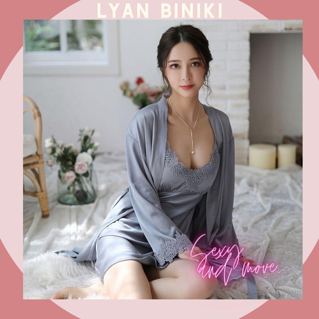 Set váy ngủ áo choàng lụa Satin 2 dây phối ren cao cấp Sexy quyến rũ LYAN BIKINI L016
