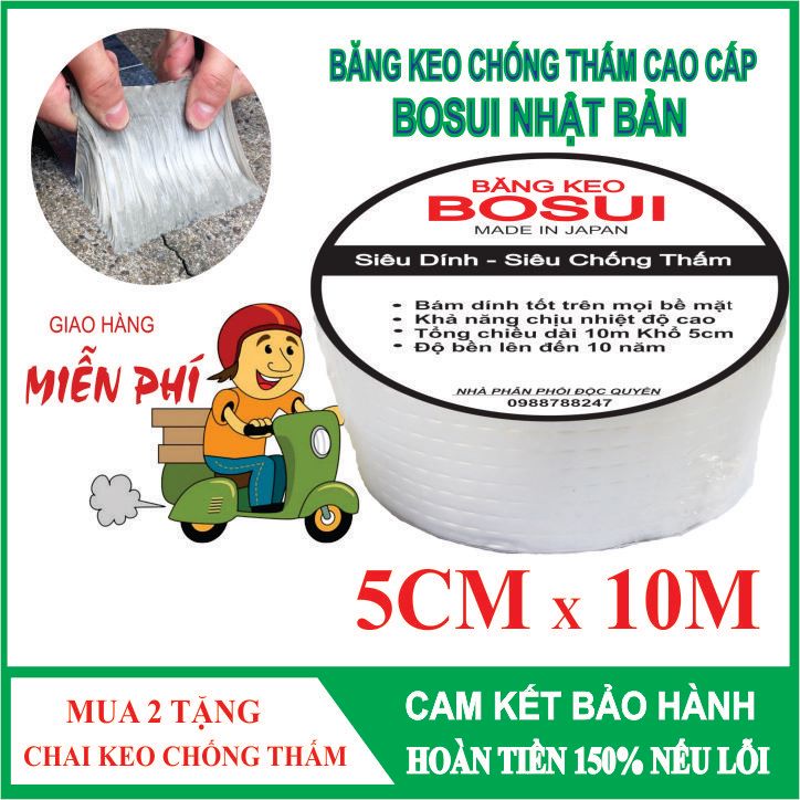 Keo dán chống thấm cao cấp Bosui Nhật Bản siêu dính trên mọi chất liệu, lớp keo siêu dày khổ 5cm x 10m