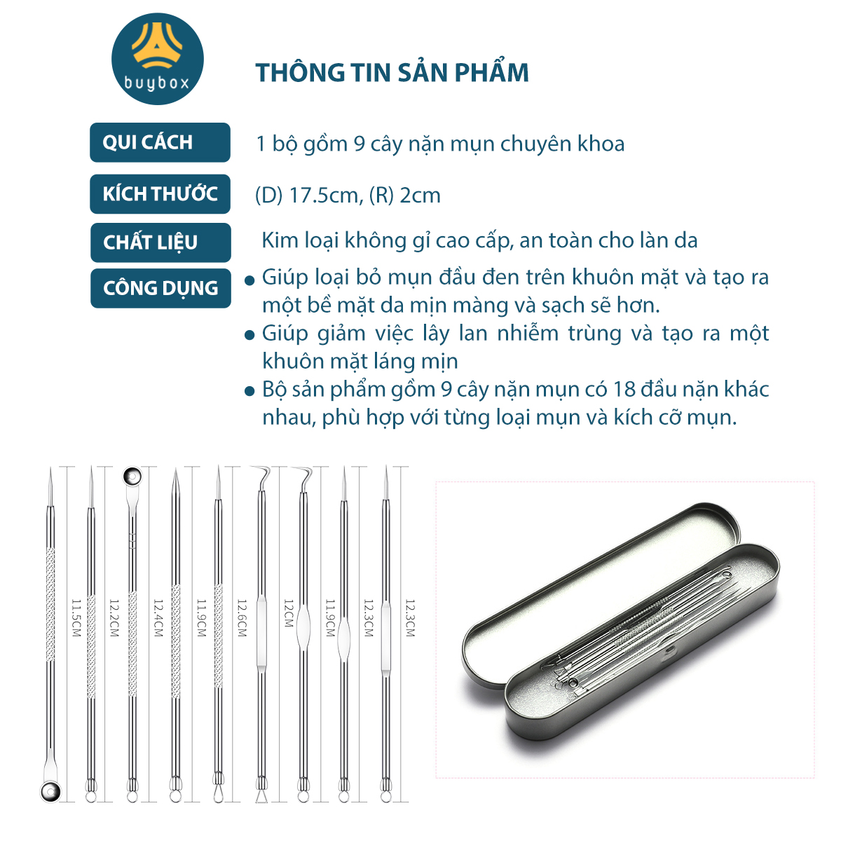 Bộ dụng cụ 9 món đa dạng, giúp loại bỏ mụn đầu đen, mụn cám, mụn bọc hiệu quả trả lại cho bạn làn da tươi sáng - BuyBox - BBPK347