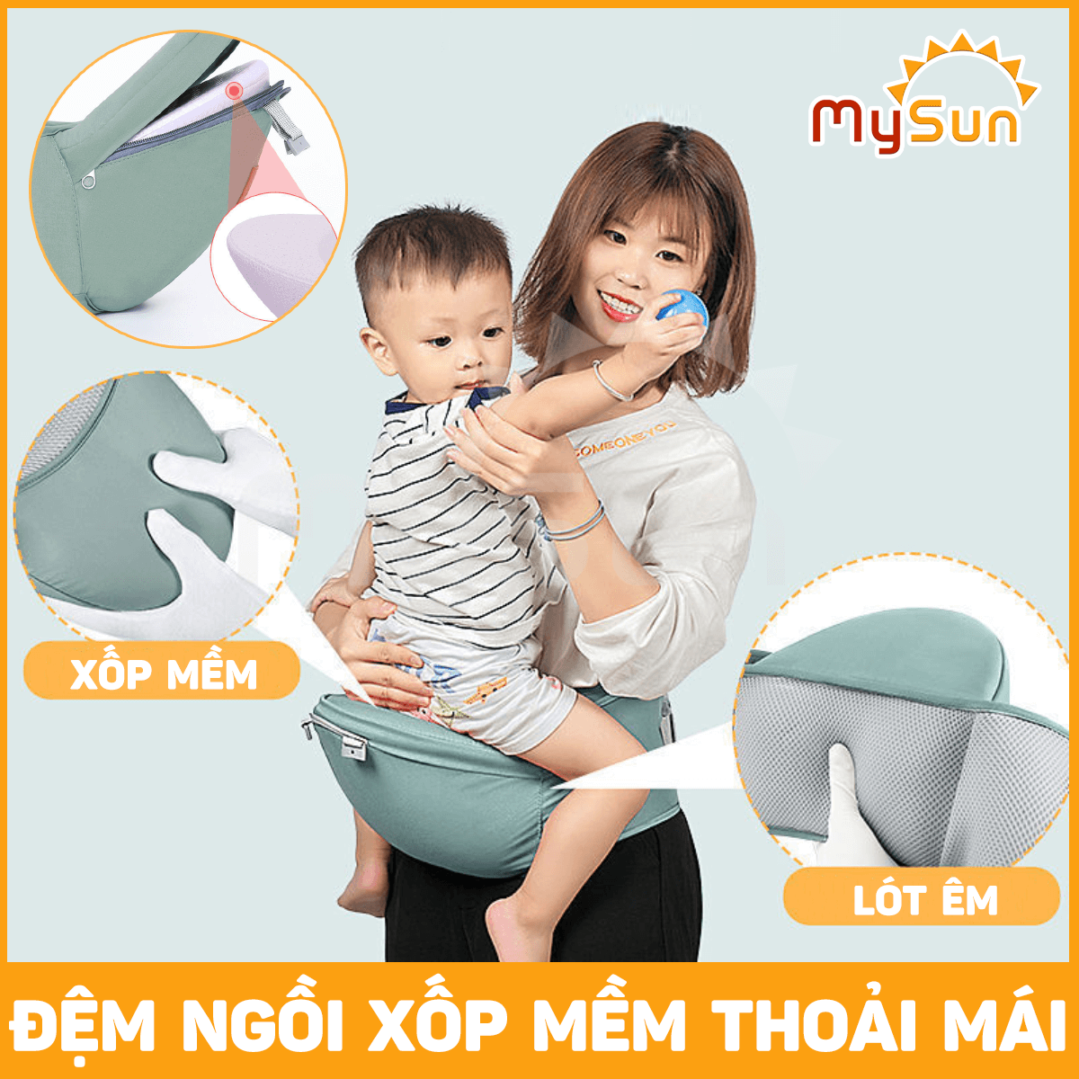 Đai địu vải lưới có bệ ngồi 4 tư thế cho trẻ sơ sinh, em bé 1 2 3 … 36 tháng tuổi đi xe máy MySun