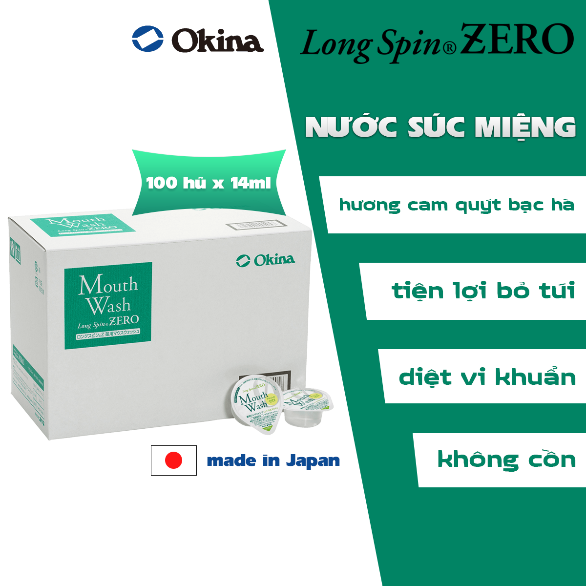 Nước súc miệng bỏ túi OKINA dòng LONG SPIN ZERO Nhật Bản hương Cam Quýt Bạc Hà không cồn – Hộp 100 hũ x 14ml