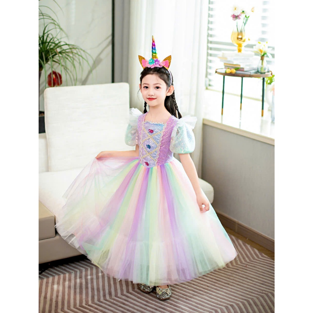 Đầm voan công chúa cho bé gái cosplay Ngựa pony màu sắc cầu vồng size 12-40kg hàng Quảng Châu cao cấp