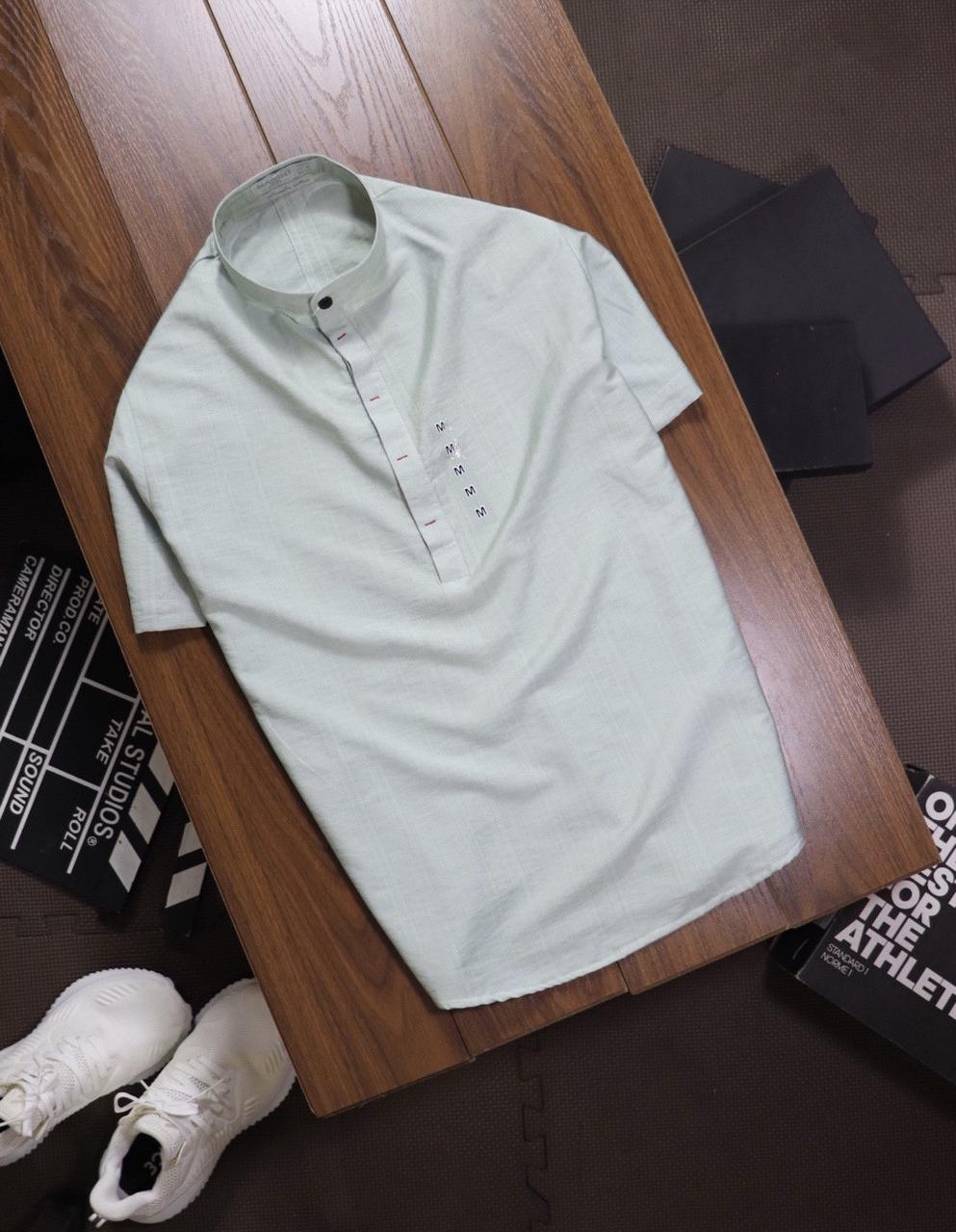 Áo Sơ Mi Nam Cổ Tàu Tay Ngắn - Rêu nhạt - XL
