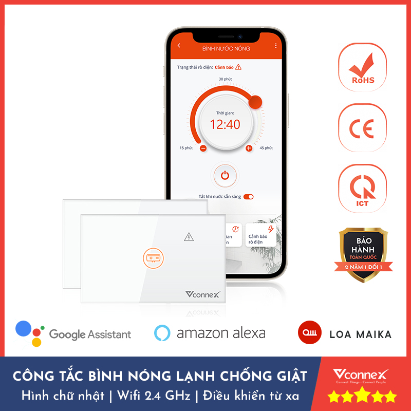 Công tắc bình nóng lạnh thông minh wifi, cảm ứng hình chữ nhật 2500W.