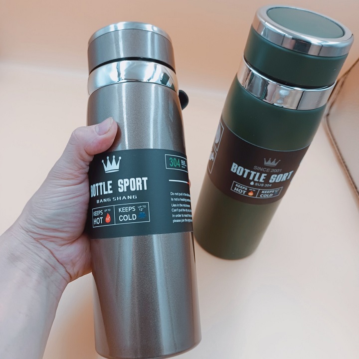 Bình Nước Giữ Nhiệt 2 Lớp Bottle sport Chất Liệu Inox Có Quai Xách Bằng Da Cao Cấp Hàng Chuẩn Loại 1 - Chính Hãng