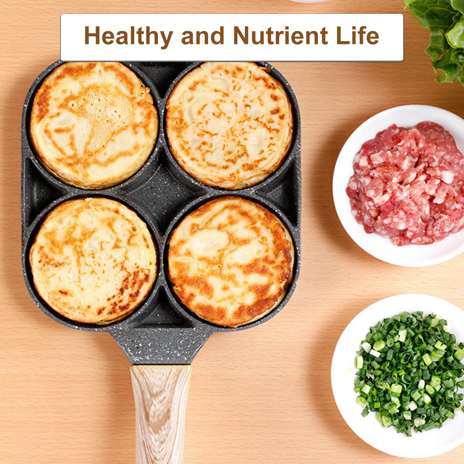 Chảo Chiên Rán Trứng Làm Bánh 4 Ngăn 4 Lỗ Buger Chống Dính, Tay Cầm Gỗ