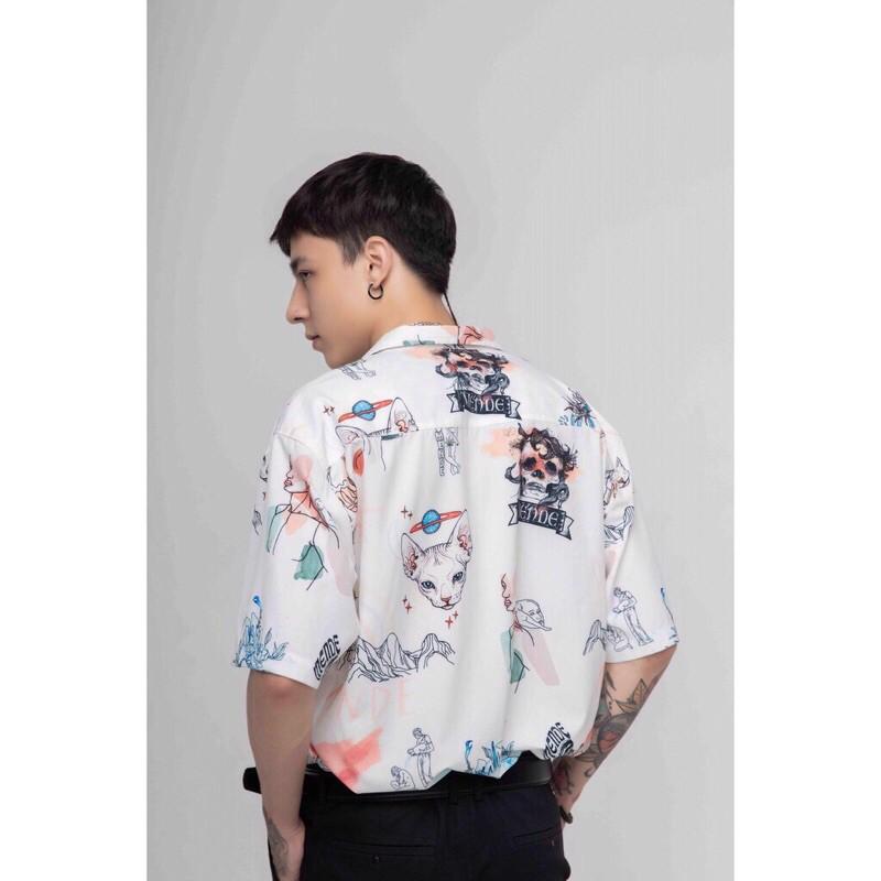 Áo Sơ Mi Họa Tiết CRAYON CAT Tay Ngắn Cổ Vest Nam Nữ Unisex Vải Lụa Chéo