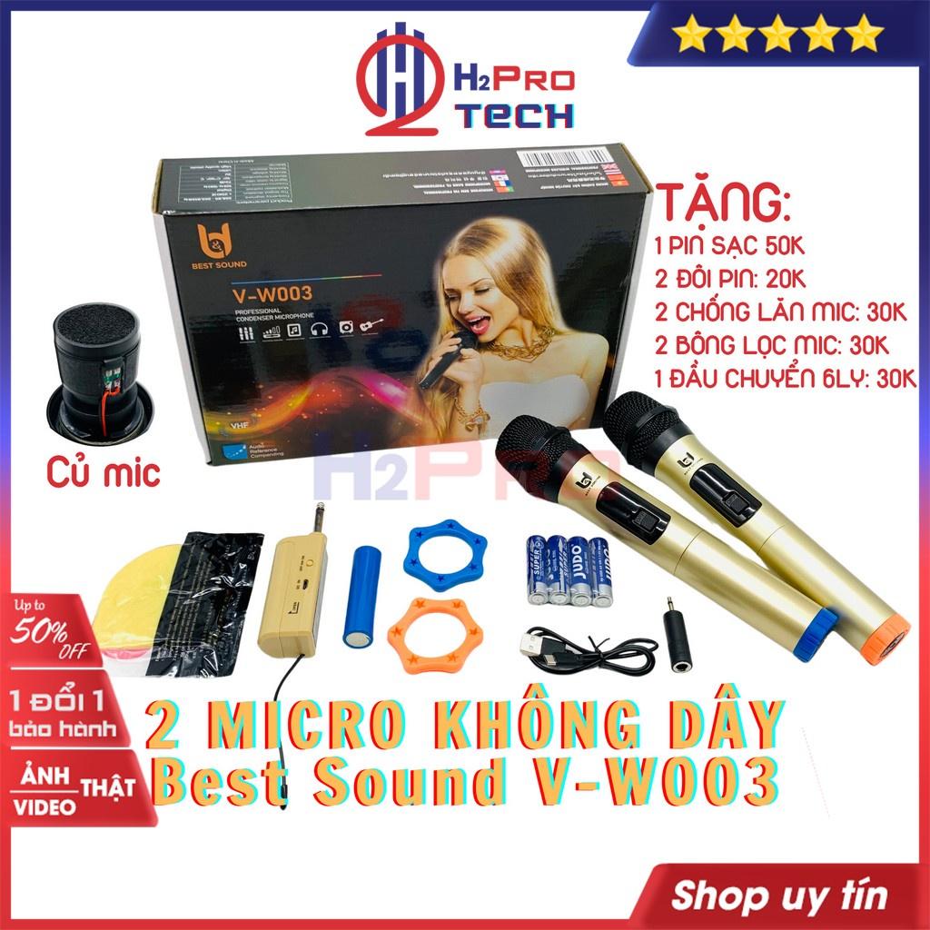 Đôi micro không dây cao cấp, micro karaoke cho loa kéo Best Sound V-W003 tặng pin sạc, chống lăn, lọc míc-H2pro tech- Hàng chính hãng