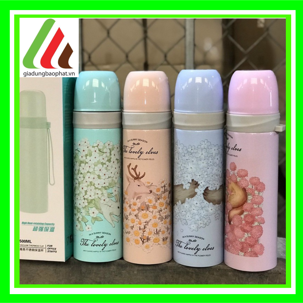 Bình giữ nhiệt the cute elves 500ml inox 2 lớp chân không cách nhiệt in hình dễ thương có dây xách tiện lợi