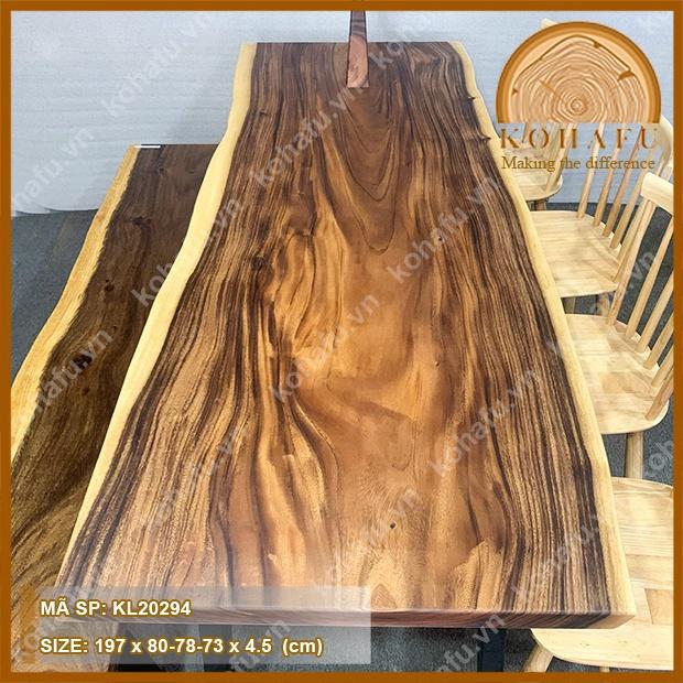 Mặt bàn gỗ me tây nguyên tấm, uốn lượn tự nhiên dài 197 x rộng (80-78-73) x dày 4.5 (cm) - KL20294