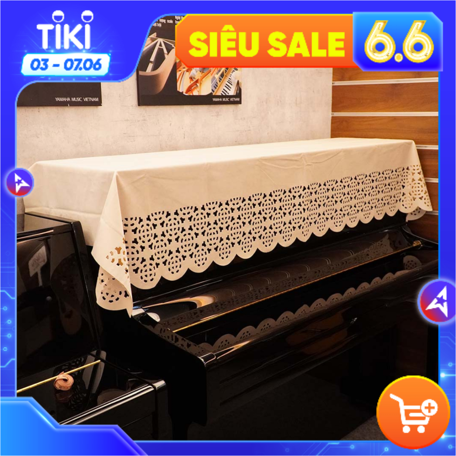 Khăn Phủ Đàn Piano KU016A, Vải Nhung Mới Lạ, Mềm Mịn, Màu Trắng Ngà, Họa Tiết Độc Đáo