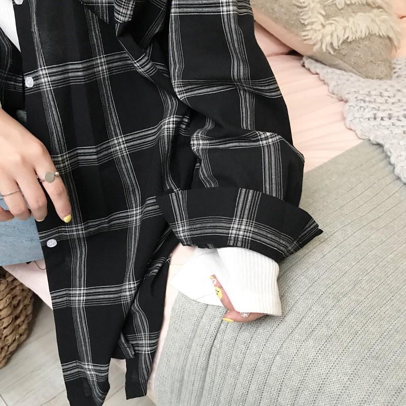 Áo sơ mi caro tay dài có túi thời trang cho nữ