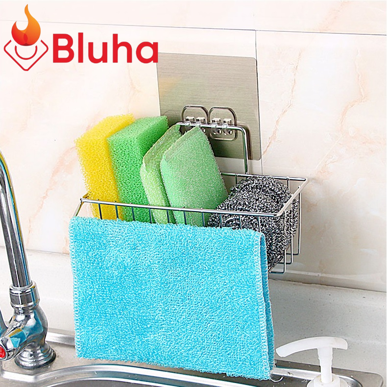 Giá để Giẻ Rửa Bát Dán Tường Inox KRC4 - Giỏ treo đồ rửa chén Kèm Khay Hứng Nước và Thanh phơi khăn tiện dụng không han rỉ