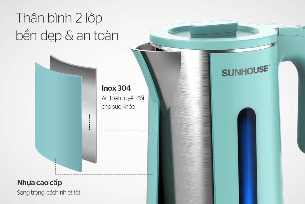 Bình siêu tốc inox 2 lớp 1,8L Sunhouse SHD1351 - Hàng chính hãng