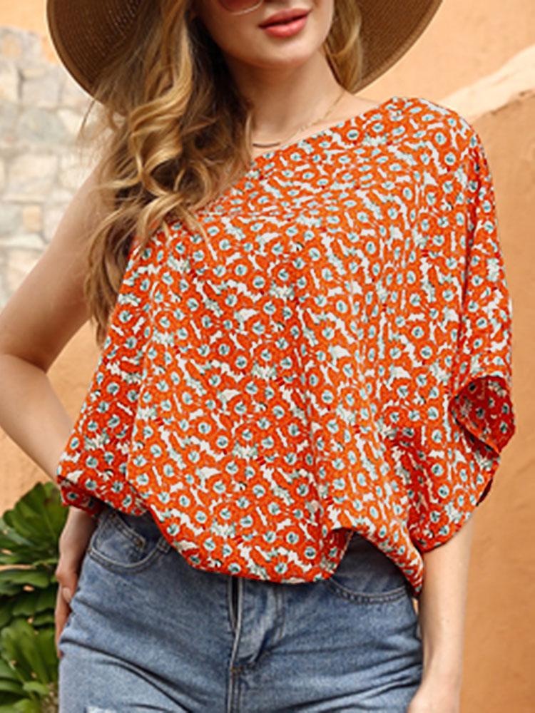 Vintage Women One-Shoulder Floral Shirt Batwing Short Sleeve Pullover Loose Casual Summer Tops