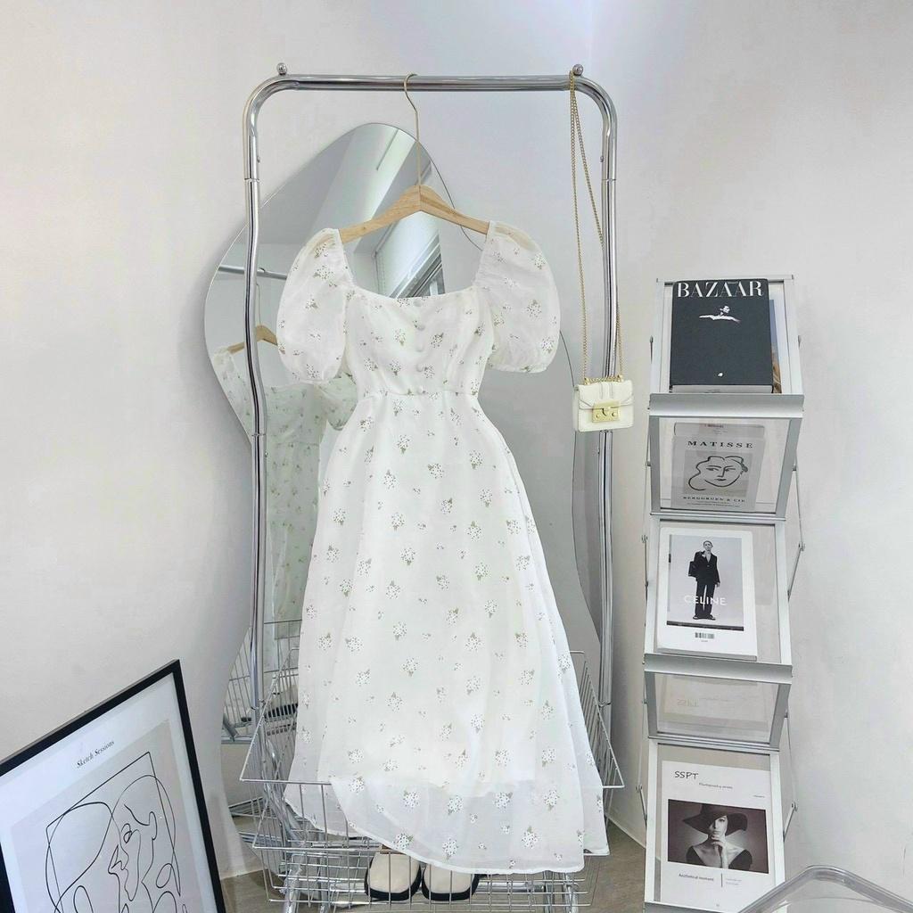 Đầm trắng hoa nhí nút bọc tay voan cổ vuông dáng xòe dự tiệc mẫu thảo nhi shop
