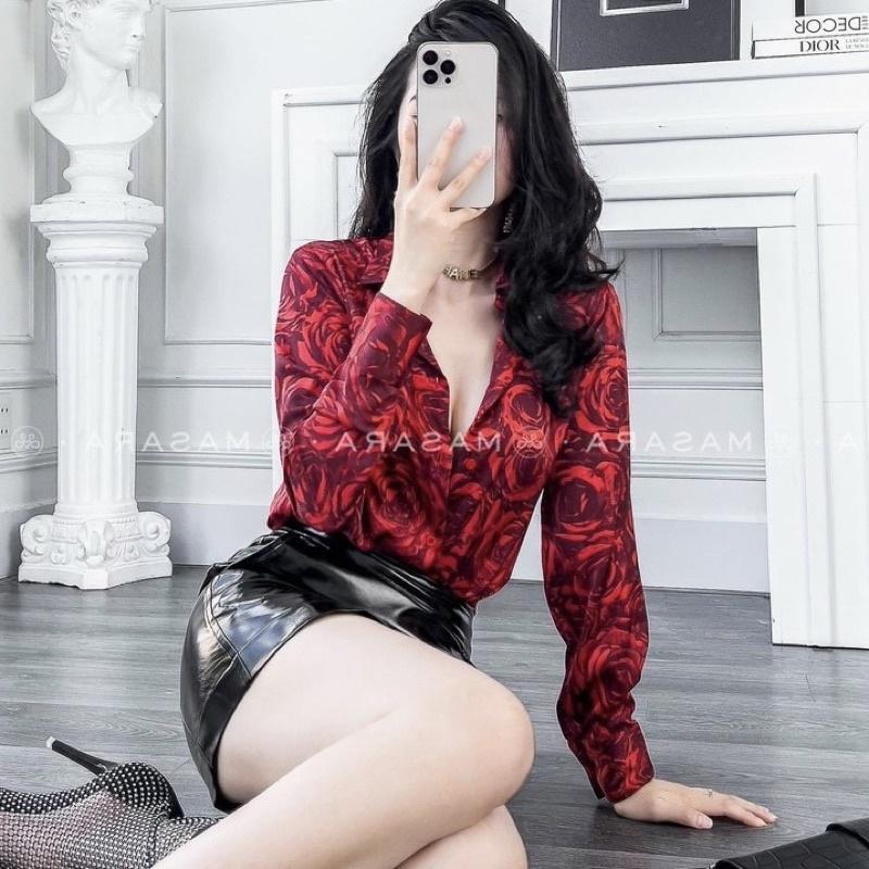 Áo Sơ Mi Nữ Tay Dài Hoa Hồng Đỏ Lụa Latin Cao cấp size đến 75kg