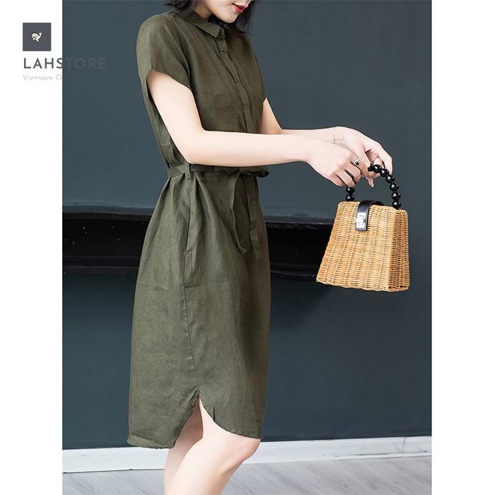 Đầm suông linen cổ đức bổ trụ 2 túi ốp ngực LAHSTORE phong cách Hàn Quốc