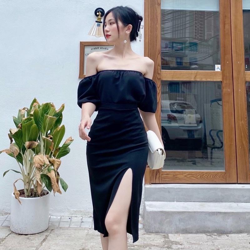 Set váy thiết kế Simee áo trễ vai mix chân váy xẻ tà