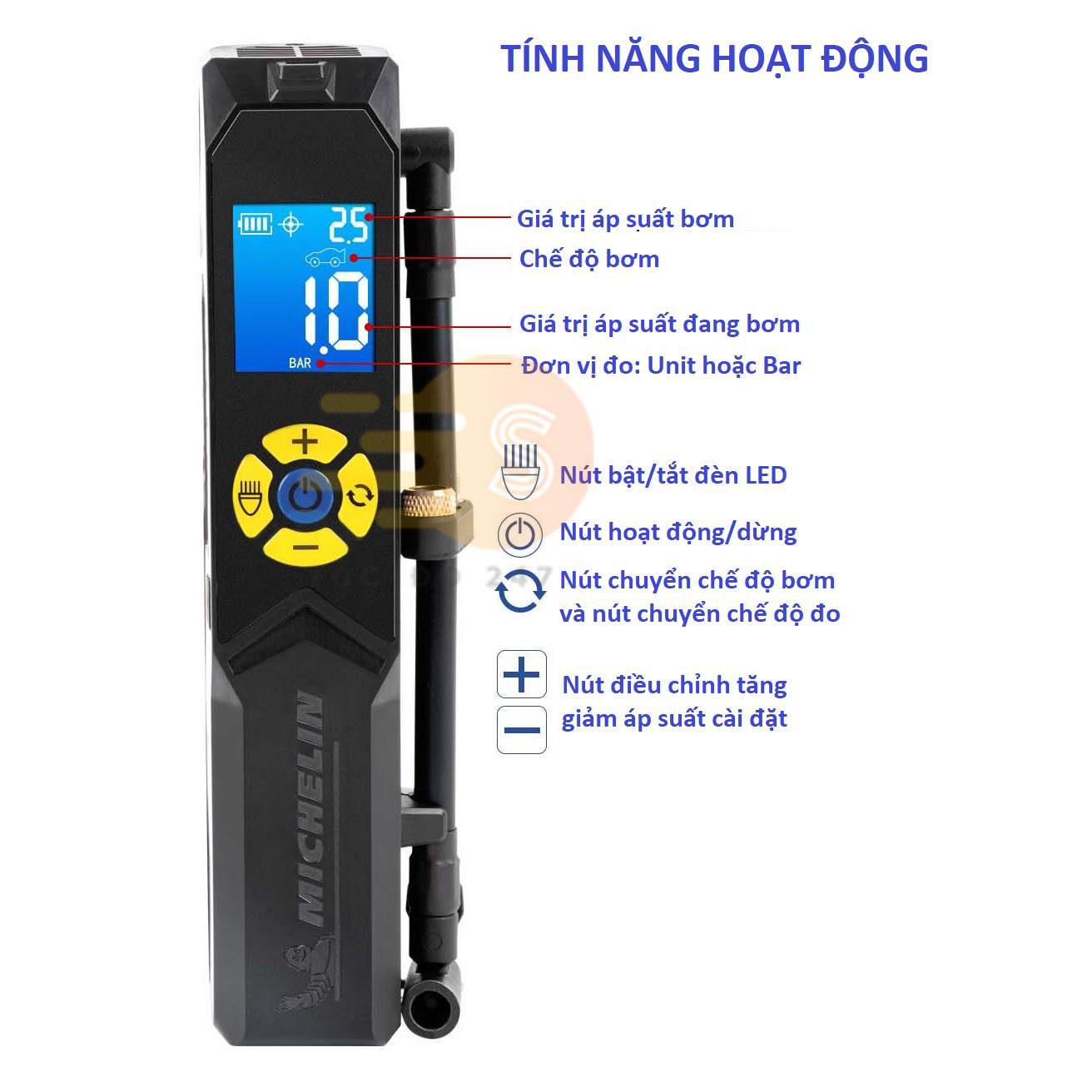 Máy bơm lốp mini đa năng tự ngắt Michelin 3321 - Bơm xe đạp, xe máy, ô tô, bóng, xe hơi 4 bánh, có đèn LED, nhỏ gọn, thông minh, sạc Micro USB