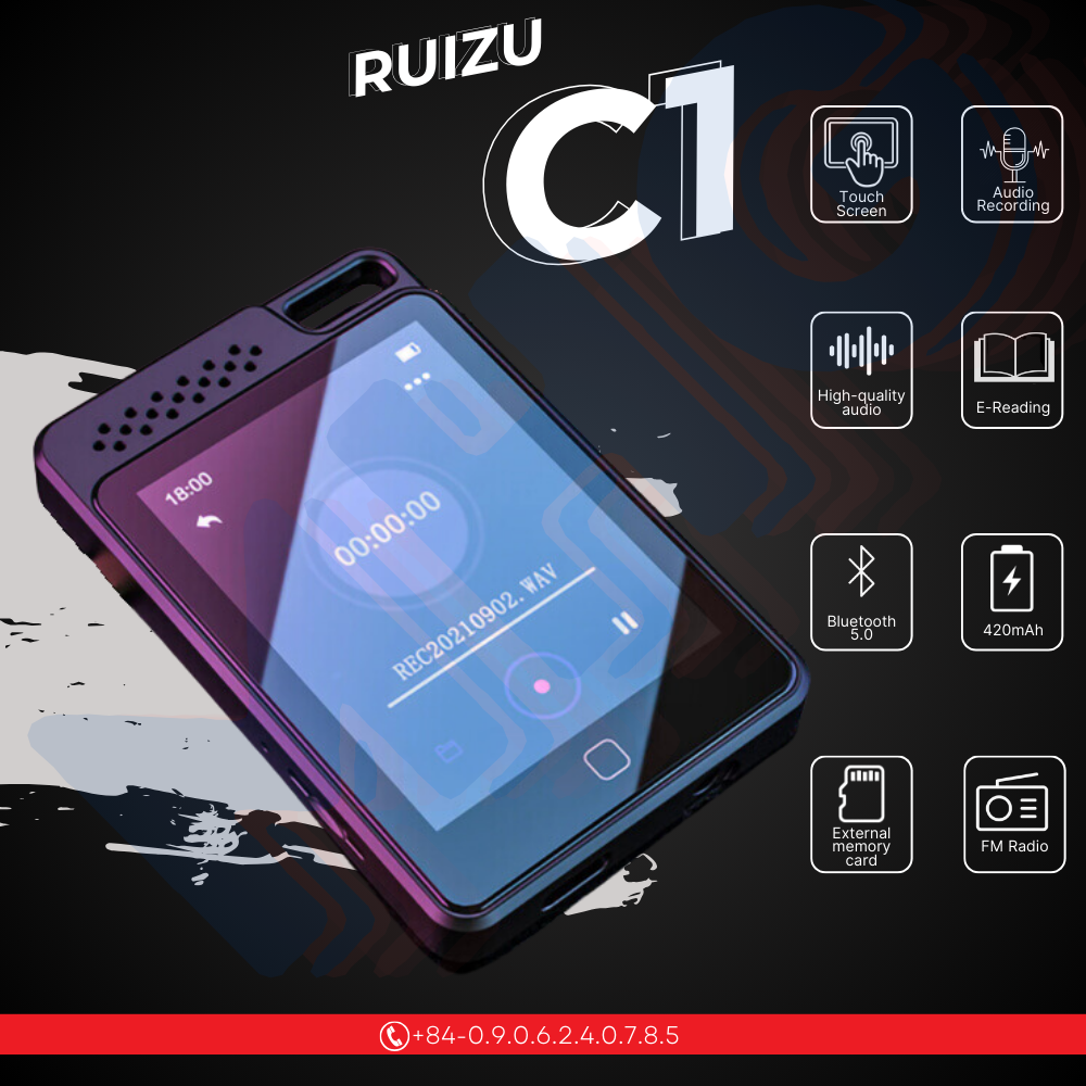 Ruizu C1 - Máy nghe nhạc đa năng: Màn Hình Cảm Ứng 2.4inch, Hỗ Trợ Đa Định Dạng MP3 WMA APE FLAC WAV DRM ACELP, Tích Hợp Loa Ngoài, Bluetooth 5.0, FM Radio, Ghi Âm, Xem Video Định Dạng AMV AVI, Bộ Nhớ 16Gb, Hỗ Trợ Thẻ Nhó 128Gb - Hàng nhập khẩu