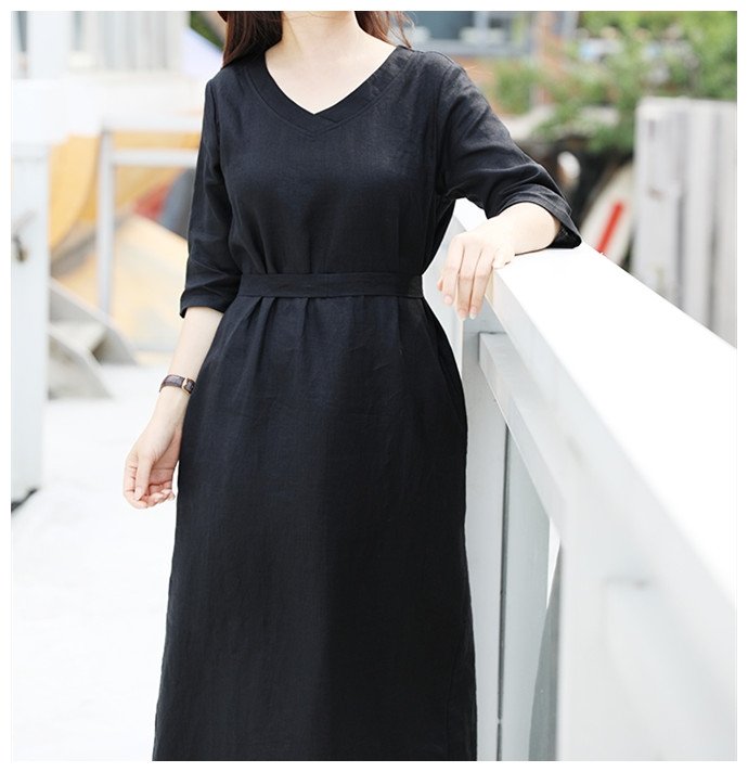 Đầm suông linen nữ màu đen quý phái, cổ tim tay lỡ xinh, phong cách đơn giản, thanh lịch AH198