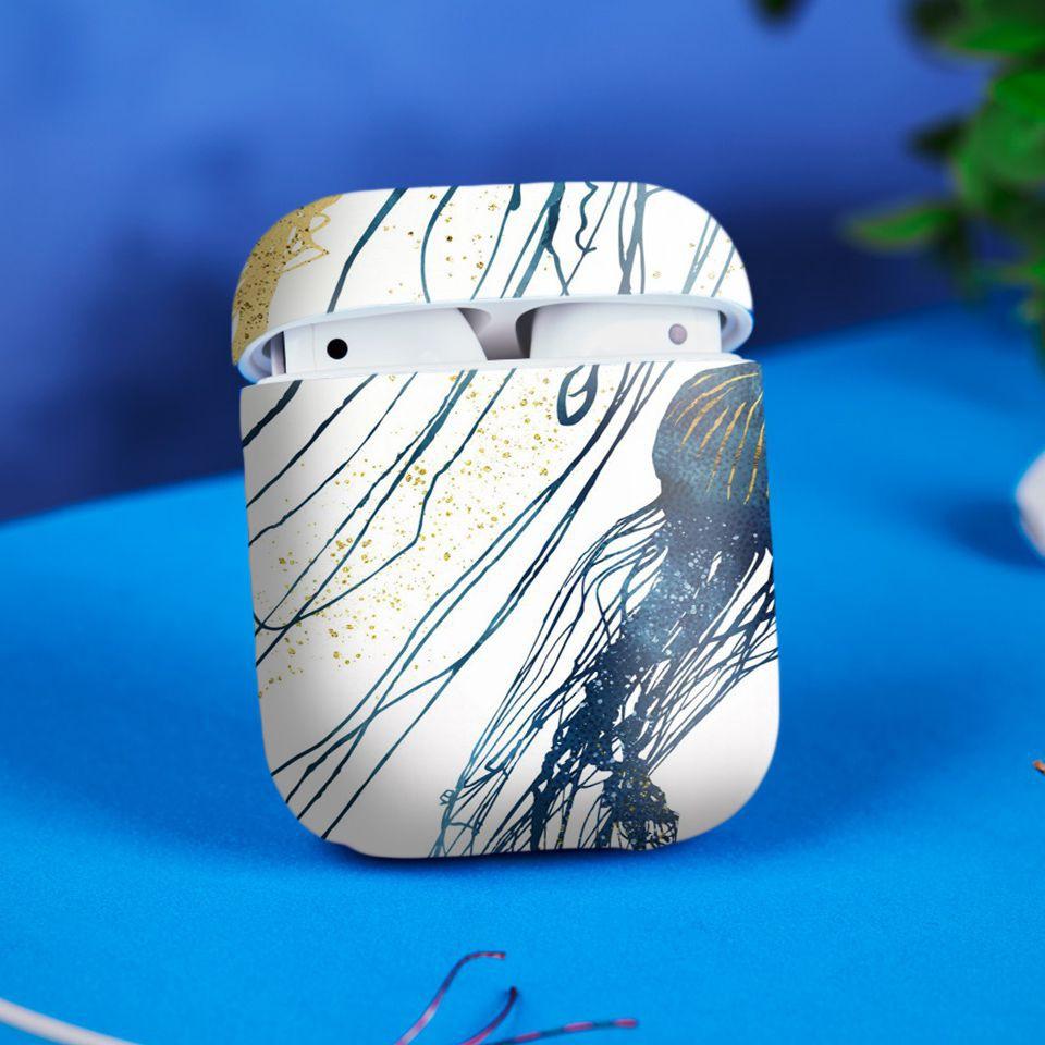 Miếng dán skin cho AirPods in hình con sứa - giả sơn mài - GSM048 (AirPods ,1 2, Pro, TWS, i12)