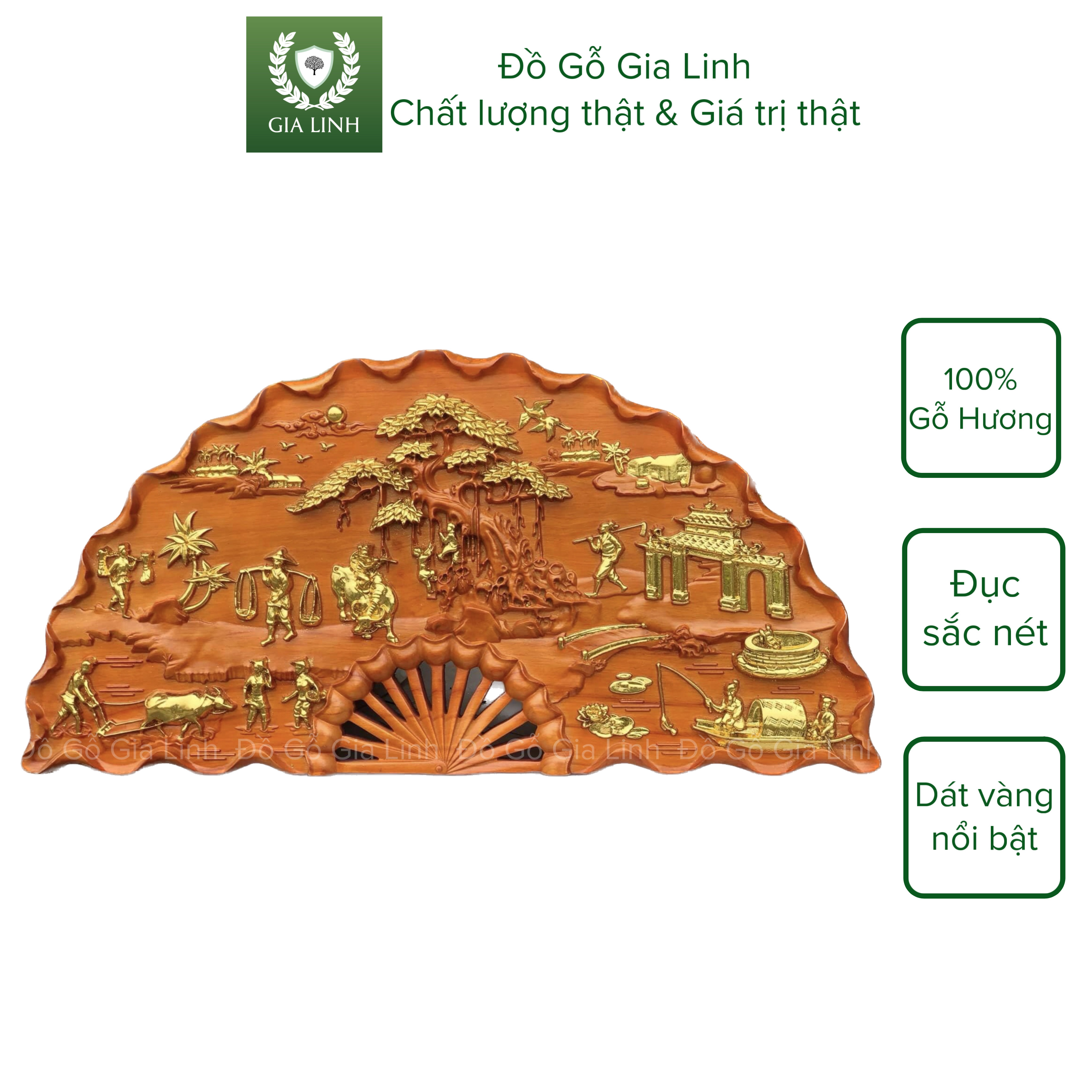 Tranh quạt gỗ Đồng quê Đồ Gỗ Gia Linh gỗ Hương đỏ liền khối KT 1m x 50cm x 4cm