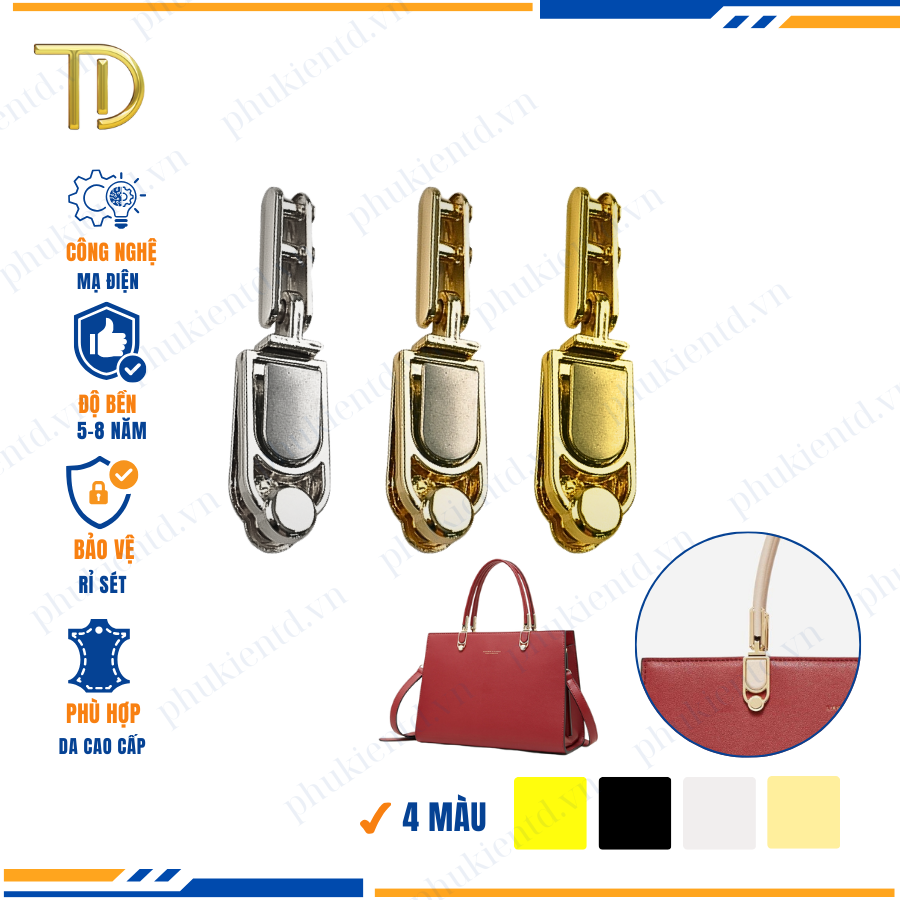 Nẹp túi xách, quai kẹp túi xách, khoen quai túi xách, công nghệ mạ điện độ bền 5 - 8 năm