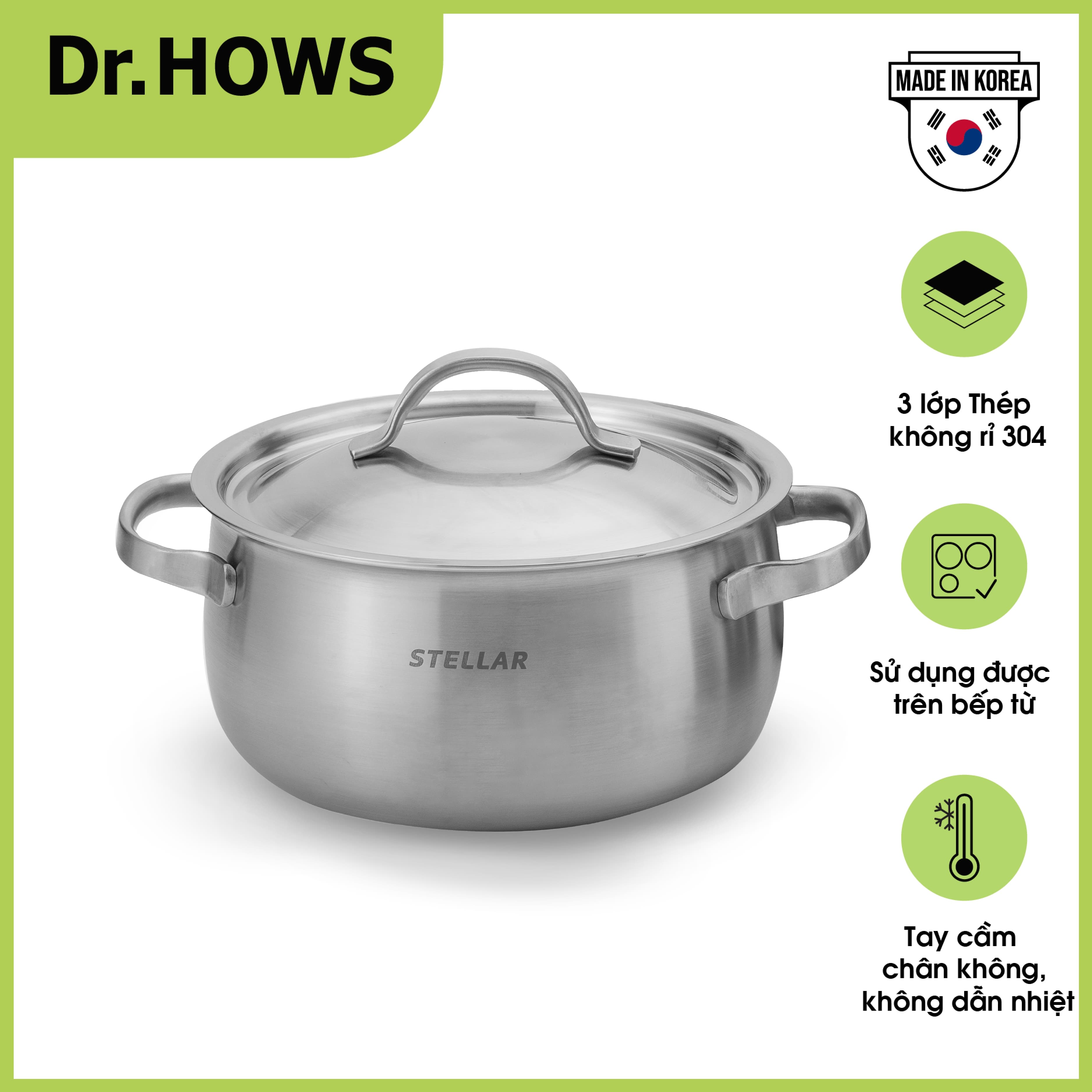 Bộ nồi nấu 03 nồi Inox 3 lớp Dr.Hows Stella Casserole 16-20-24cm