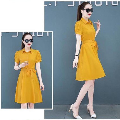 Đầm suông cổ sơ mi phối cúc, đầm trơn thắt eo tôn dáng, thời trang công sở, đi tiệc AH34