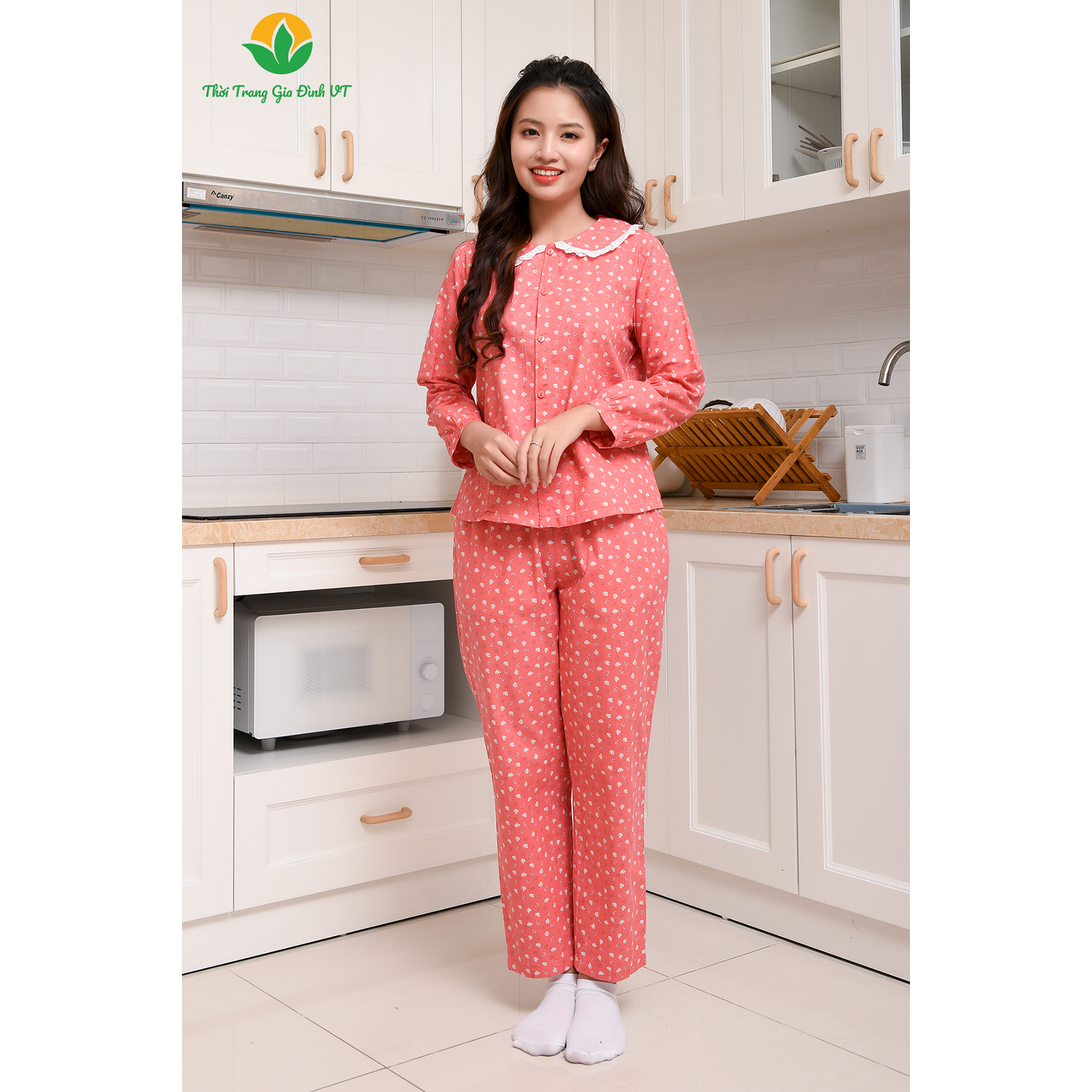 Bộ quần áo nữ mặc nhà thu đông Việt Thắng, quần dài, áo dài tay, chất Lanh - B50.2210