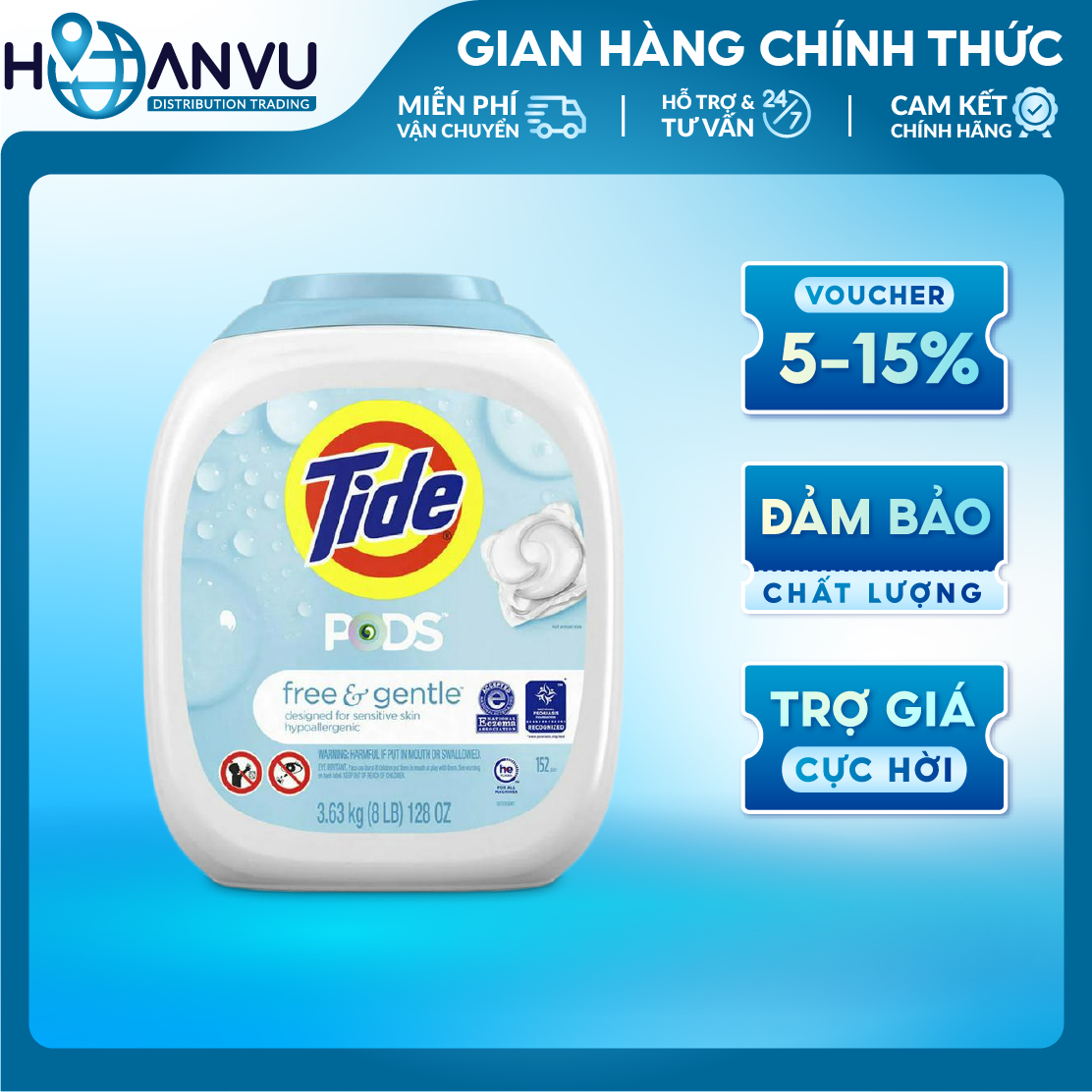 Viên giặt tẩy Tide Pod HE Laundry Detergent Free &amp; Gentle (152 viên)