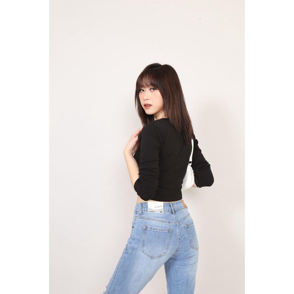 Quần Jean Nữ Boyfriend Baggy Rách Vá 1 Ô Bên Phải Co Dãn Gấu Thường CT JEANS