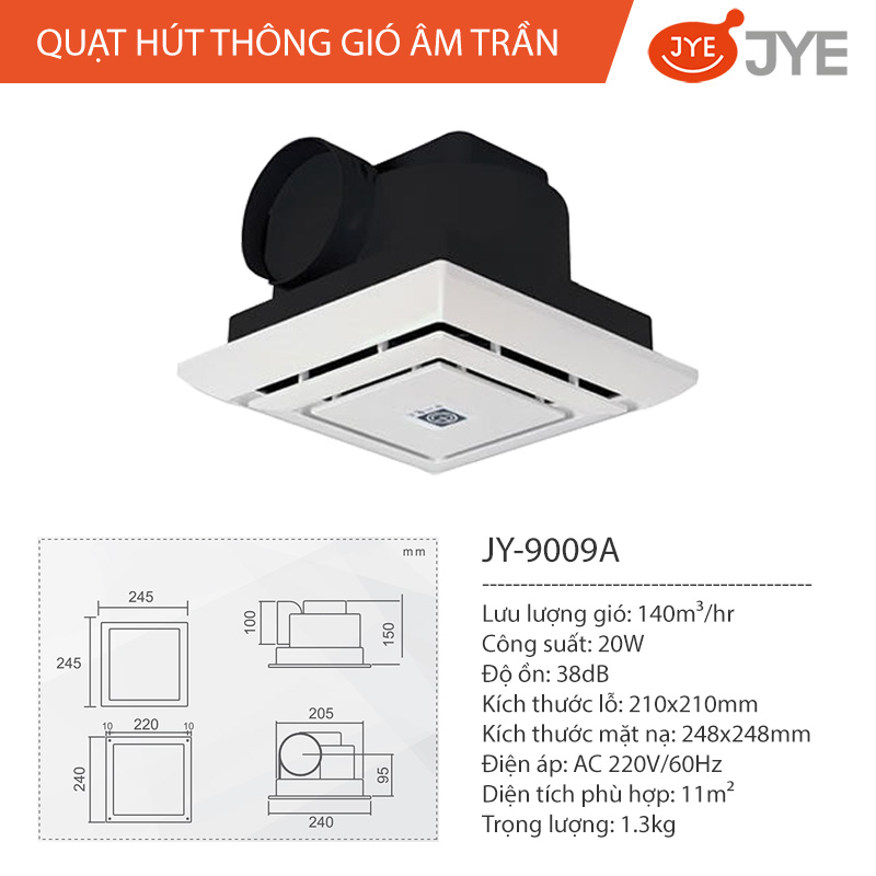 Quạt Hút Thông Gió Gắn Âm Trần JYE (JY-9009A) Công Suất 20W, Đường Ống Ngang Dùng Cho Nhà Vệ Sinh &amp; Phòng Tắm - Hàng Chính Hãng