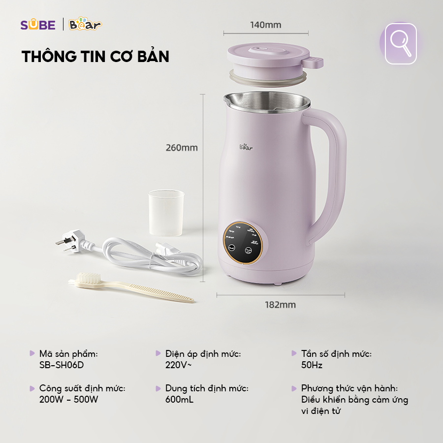 Máy Làm Sữa Hạt 0,6L BEAR Mini Nhỏ Gọn, Máy Xay Hạt Nhuyễn Mịn, Chống Ồn Hiệu Quả, Tự Động Vệ Sinh SB-SH06D - Hàng Chính Hãng