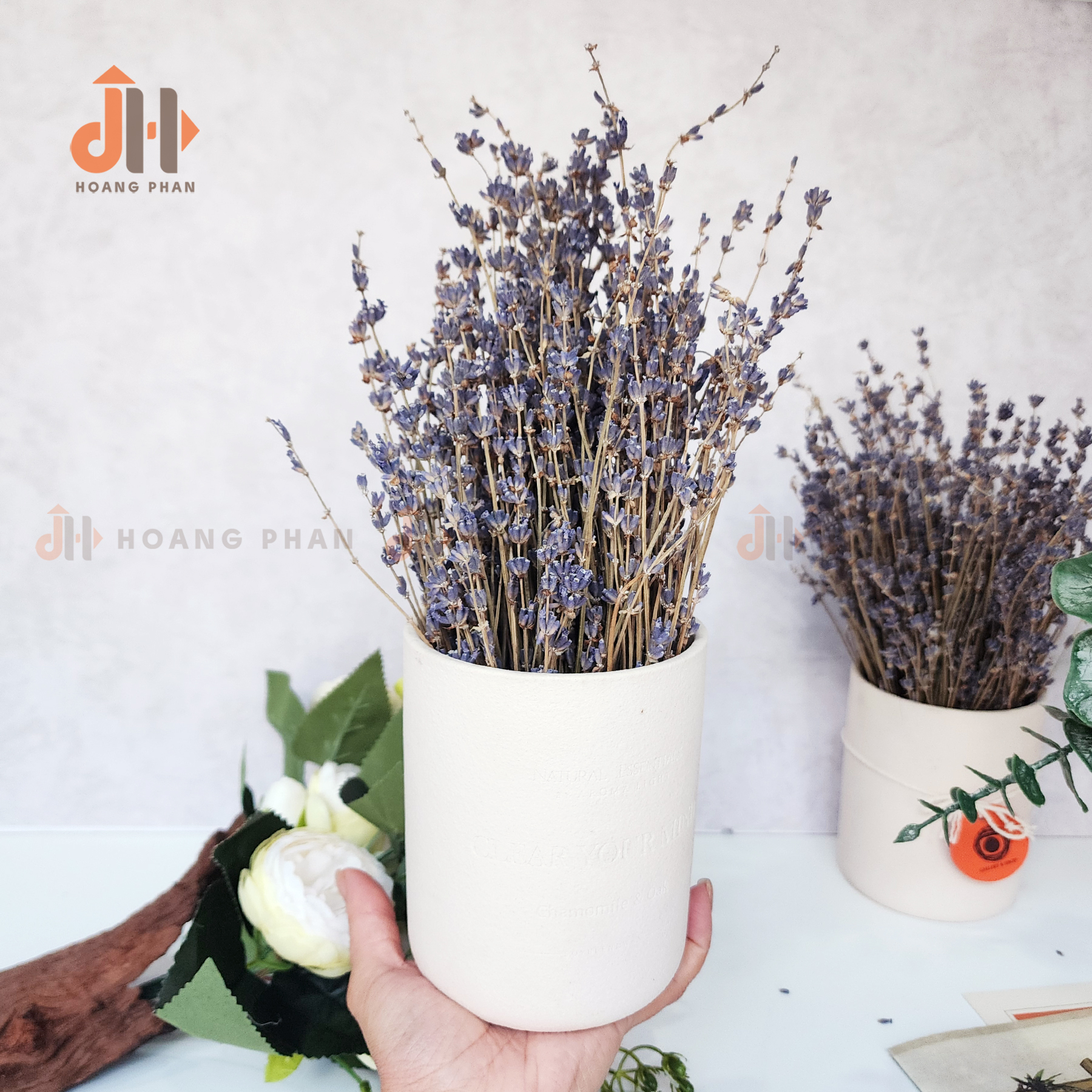 Set bình gốm trắng mộc phối hoa Lavender khô