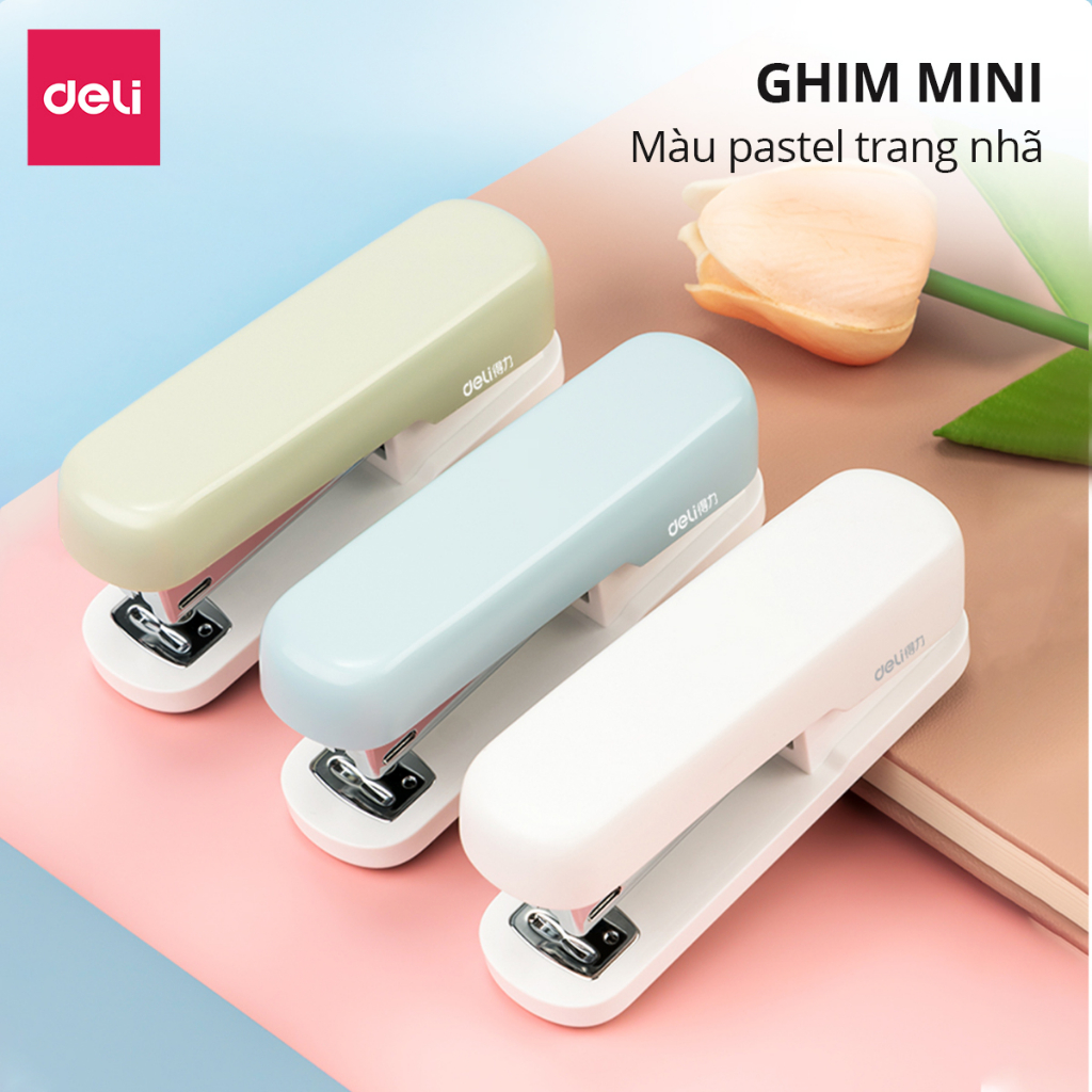 Dập ghim học sinh văn phòng mini Deli 25 trang, Ghim bấm giấy số 12 màu pastel, nhỏ gọn, tiện lợi